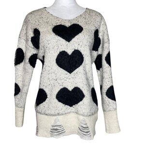 Promesa Black/White Oversized Fuzzy Heart Sweater With Distressed Bottom S/M
